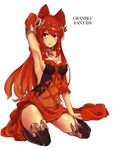  animal_ears anthuria arm_up armpits bad_id bad_pixiv_id bangs bare_shoulders breasts copyright_name dress elbow_gloves erune gloves granblue_fantasy hair_ornament jewelry kneeling long_hair looking_at_viewer medium_breasts necklace red_eyes red_hair simple_background solo teshima_nari thighhighs 