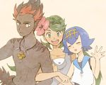  2girls black_hair blue_hair blue_sailor_collar brown_eyes closed_eyes dark_skin dark_skinned_male flower green_eyes green_hair hair_flower hair_ornament hairband jewelry kaki_(pokemon) locked_arms long_hair looking_at_viewer mao_(pokemon) multicolored_hair multiple_girls necklace one-piece_swimsuit overalls pokemon pokemon_(game) pokemon_sm sailor_collar short_hair shoulder_tattoo simple_background smile suiren_(pokemon) swimsuit swimsuit_under_clothes tan_background tattoo trial_captain twintails two-tone_hair very_dark_skin waving yo_mo 