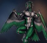  2016 abs anthro armor avian beak black_feathers claws cybernetics cyborg feathered_wings feathers green_feathers machine male navel raised_leg rakisha solo toe_claws white_feathers wings 