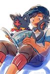  bangs baseball_cap black_hair black_hat bloom book chair gen_7_pokemon grey_eyes hat litten male_focus pokemon pokemon_(creature) pokemon_(game) pokemon_sm reading shirt simple_background sitting skyloop19 smile solo striped striped_shirt swept_bangs t-shirt white_background you_(pokemon) 