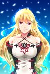  1girl bare_shoulders blonde_hair blue_background breasts detached_sleeves long_hair milla_(tales_of_xillia_2) pink_eyes smile tales_of_(series) tales_of_xillia_2 