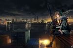  black_legwear bullpup city cityscape crane crate exoskeleton fingerless_gloves gloves green_eyes grey_hair gun hair_ribbon harbor headset jersey knee_up long_hair looking_at_viewer military_operator night night_sky ocean original ponytail ribbon rifle scarf scenery ship sitting skirt sky sniper_rifle solo suppressor thighhighs vest walther walther_wa_2000 water watercraft weapon you_shimizu zettai_ryouiki 