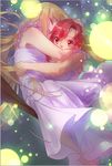  airrabbityan barefoot blonde_hair breasts broom broom_riding cleavage closed_eyes flying frilled_negligee hand_on_another's_head hug izetta light_particles long_hair medium_breasts multiple_girls nightgown open_mouth ortfine_fredericka_von_eylstadt red_eyes red_hair shiny shiny_skin short_hair shuumatsu_no_izetta 