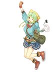  arm_up atelier_(series) atelier_shallie bag blue_shirt blue_skirt bow bowtie clenched_hand full_body gloves green_eyes green_hair hat hidari_(left_side) official_art one_eye_closed plaid plaid_skirt raised_fist shallotte_elminus shirt shoes short_hair skirt smile sneakers solo transparent_background wand 