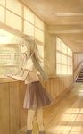  commentary day from_side hallway indoors kneehighs long_hair looking_out_window looking_to_the_side original own_hands_together pleated_skirt school school_uniform sepia shade skirt solo stairs wind window_shade wooden_floor yuki_yanagi_(toumeikurage) 