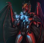  2016 abs anthro armor bat_wings black_scales blue_eyes brown_hair clothed clothing cybernetics cyborg dragon electricity hair looking_at_viewer machine male membranous_wings navel rakisha red_scales scales scalie sharp_teeth solo teeth wings 