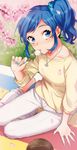  :i aikatsu! aikatsu!_(series) aqua_nails arm_support bangs blanket blue_eyes blue_hair blurry blush breasts cherry_blossoms closed_mouth dango day depth_of_field dish eating eyelashes food from_above grass hair_ornament hair_scrunchie hanami highres holding jewelry kiriya_aoi looking_at_viewer medium_breasts motion_blur nail_polish necklace outdoors pants pendant petals ring sanshoku_dango saturn scrunchie shiman shiny shiny_hair shirt side_ponytail sidelocks sitting sleeves_past_elbows solo spread_fingers striped t-shirt wagashi wavy_hair white_pants yokozuwari 