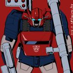  2016 arm_cannon artist_name autobot bazooka blue_eyes cannon cliffjumper dated evil_grin evil_smile glowing glowing_eyes grin gun handgun insignia kamizono_(spookyhouse) looking_at_viewer machinery mecha no_humans oldschool red_background robot smile solo teeth transformers twitter_username weapon 