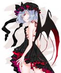  2016 artist_name backless_dress backless_outfit bare_arms bat_wings black_dress black_hat black_ribbon blue_hair cowboy_shot dated dress frilled_dress frilled_hat frills from_behind gotoh510 hat hat_ribbon highres looking_back mob_cap nail_polish neck_ribbon red_eyes red_nails red_ribbon remilia_scarlet ribbon short_dress short_hair solo standing touhou wings 