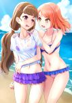  2girls :d arm_behind_back beach bikini bikini_skirt blue_sky breasts brown_hair cleavage cloud collarbone day eye_contact floating_hair frilled_bikini frills hand_on_hip highres houjou_karen idolmaster idolmaster_cinderella_girls idolmaster_cinderella_girls_starlight_stage kamiya_nao long_hair looking_at_another medium_breasts midriff multiple_girls nail_polish navel ntn00a ocean open_mouth orange_hair outdoors purple_bikini purple_eyes purple_skirt red_nails see-through shirt short_sleeves skirt sky smile standing stomach swimsuit tied_shirt twintails very_long_hair wet wet_clothes wet_shirt white_shirt yellow_eyes 