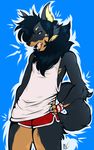  2016 anthro beauceron black_fur black_hair black_nose blue_background brown_fur canine cheek_tuft claws clothed clothing digital_media_(artwork) dog elbow_tufts eyebrows front_view fully_clothed fur hair half-closed_eyes hand_on_hip hi_res inner_ear_fluff looking_at_viewer male mammal maplecookies multicolored_fur neck_tuft open_mouth portrait sharp_teeth shirt shorts signature simple_background slim solo standing tank_top teeth thick_thighs three-quarter_portrait tongue tuft two_tone_fur wristband 
