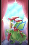  2016 biped cape chair claws clothing detailed_background dinogoat eddy_(eduymario) fan_character feathers flygon hat hybrid male nintendo pok&eacute;mon red_mage semi-anthro serperior signature smile solo throne video_games watermark window 