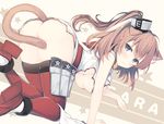  all_fours animal_ears ass bangs blue_eyes breasts brown_hair cat_ears cat_tail character_name hanging_breasts highres kantai_collection kemonomimi_mode large_breasts long_hair looking_at_viewer miko_92 no_panties one_side_up red_legwear saratoga_(kantai_collection) simple_background solo tail tail_censor torn_clothes underboob 