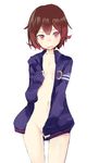  blush breasts brown_hair covering covering_crotch cowboy_shot gradient_hair kantai_collection looking_at_viewer multicolored_hair mutsuki_(kantai_collection) naked_coat nanasuke navel no_bra no_panties open_clothes open_mouth remodel_(kantai_collection) short_hair simple_background sleeves_past_wrists small_breasts solo standing wavy_mouth white_background 