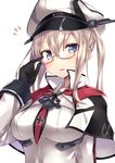  adjusting_eyewear anchor bangs black_gloves black_neckwear blonde_hair blue_eyes blush breasts capelet collared_shirt commentary eyebrows_visible_through_hair glasses gloves graf_zeppelin_(kantai_collection) hair_between_eyes hat iron_cross kantai_collection large_breasts long_hair long_sleeves looking_at_viewer metindone military_hat necktie orange-framed_eyewear parted_lips red_neckwear semi-rimless_eyewear shirt simple_background solo striped striped_neckwear twintails upper_body white_background white_shirt 