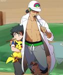  arm_around_shoulder baseball_cap beard black_hair brown_eyes capri_pants carrying couch dark_skin dark_skinned_male facial_hair fork gen_1_pokemon gen_7_pokemon hat knife kukui_(pokemon) labcoat male_focus mouth_hold multiple_boys muscle pants pikachu pokemon pokemon_(anime) pokemon_(creature) pokemon_sm_(anime) rockruff satoshi_(pokemon) shirt smile striped striped_shirt sunglasses sweatpants t-shirt tanaka_(tanakya123) twitter_username 