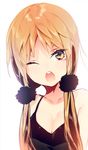 ;o bangs bare_shoulders black_hair blonde_hair blurry blush breasts chestnut_mouth cleavage collarbone cropped_arms depth_of_field eyebrows_visible_through_hair genderswap genderswap_(mtf) hair_ornament hair_over_shoulder izumi_kouhei long_hair looking_at_viewer low_twintails medium_breasts multicolored_hair one_eye_closed pepper_fever simple_background sketch sleeveless solo streaked_hair tank_top teeth twintails upper_body world_trigger yellow_eyes 