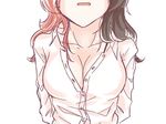  blouse breasts brown_hair cleavage collared_shirt long_hair long_sleeves loose_clothes loose_shirt medium_breasts neo_(rwby) open_clothes open_mouth open_shirt pink_hair rwby shirt solo tl unbuttoned unbuttoned_shirt white_shirt 