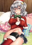  alternate_costume aran_sweater black_legwear blue_eyes blue_skirt blush boots bow breasts christmas_ornaments eyebrows_visible_through_hair frilled_pillow frills green_bow hair_between_eyes hair_ornament hat heart heart_pillow highres indoors jacket kantai_collection kashima_(kantai_collection) keita_(tundereyuina) large_breasts long_sleeves looking_at_viewer on_bed pillow pleated_skirt red_footwear red_jacket santa_hat silver_hair skirt smile socks solo sweater twintails wooden_wall 