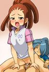  1boy 1girl arm_support beniten3 blush bottomless brown_hair clitoris closed_mouth clothed_sex cum cum_in_pussy erect_nipples eyes_closed flat_chest girl_on_top inazuma_eleven inazuma_eleven_(series) kazemaru_ichirouta lying midou_reika no_panties on_back open_mouth penis pubic_hair pussy reverse_cowgirl_position saliva sex short_hair straddling sweat tears 