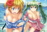  absurdres ass_visible_through_thighs assisted_exposure bare_shoulders blonde_hair blue_eyes breasts cameltoe cleavage covering covering_breasts day flower green_hair green_panties grin hair_flower hair_ornament hibiscus highres hisasi japanese_clothes kimono large_breasts lemon-chan long_hair lowleg lowleg_panties melon-chan melonbooks multiple_girls obi off_shoulder one_side_up outdoors panties sash scan smile sparkle string_panties twintails underwear wading wavy_mouth wet wet_hair white_panties yukata 