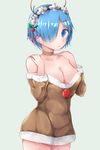  amepon animal_costume bare_shoulders blue_eyes blue_hair breasts christmas collarbone detached_sleeves dress grey_background hair_ornament hair_over_one_eye highres large_breasts looking_at_viewer maid off-shoulder_dress off_shoulder re:zero_kara_hajimeru_isekai_seikatsu reindeer_costume rem_(re:zero) ribbon-trimmed_clothes ribbon_trim short_dress short_hair simple_background solo upper_body x_hair_ornament 