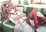  belt blue_eyes blush breast_pocket breasts brown_hair couch dress eretto garter_straps hair_between_eyes hair_ornament high_heels impossible_clothes indoors kantai_collection knees_up large_breasts long_hair looking_at_viewer lying neckerchief on_back pocket ponytail red_legwear red_neckwear saratoga_(kantai_collection) side_ponytail sidelocks smile smokestack solo thighhighs white_dress 