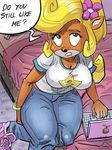  5_fingers anthro bandicoot big_breasts blonde_hair bonemarrowman bracelet breasts cleavage clothed clothing coco_bandicoot computer crash_bandicoot_(series) english_text eyebrows eyelashes female flower footwear green_eyes hair jeans jewelry laptop mammal marsupial pants plant shirt shoes solo text thick_thighs video_games 