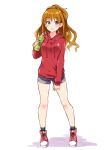  1girl black_legwear blue_shorts blush bottle brown_hair casual eyebrows_visible_through_hair floating_hair full_body hino_akane_(idolmaster) holding holding_bottle hood hood_down hooded_sweater idolmaster idolmaster_cinderella_girls long_hair long_sleeves looking_at_viewer mio_(mgr300) parted_lips red_footwear red_sweater shiny shiny_hair shiny_skin short_shorts shorts simple_background smile socks solo standing sweater white_background 