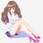  1girl bangs blue_shorts blunt_bangs brown_hair collarbone covered_mouth dress_shirt eyebrows_visible_through_hair grey_background high_heels idolmaster idolmaster_cinderella_girls idolmaster_cinderella_girls_starlight_stage kamiya_nao long_hair looking_at_viewer ntn00a pink_footwear pumps red_eyes shiny shiny_hair shirt short_shorts shorts simple_background sitting solo very_long_hair white_shirt 