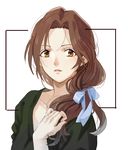  bad_id bad_pixiv_id blue_ribbon breasts brown_eyes brown_hair eyelashes green_sweater hair_over_shoulder hair_ribbon idolmaster idolmaster_cinderella_girls kawashima_mizuki kurage long_hair looking_at_viewer low_ponytail medium_breasts messy_hair nail_polish parted_lips pink_nails recording ribbon solo sweater taking_picture upper_body v-neck viewfinder white_background 