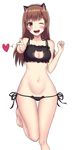  1nilla' ;d animal_ears bangs bare_shoulders barefoot black_bra black_panties blush blush_stickers bra breasts brown_eyes brown_hair cat_cutout cat_ear_panties cat_ears cat_lingerie cleavage cleavage_cutout collarbone d.va_(overwatch) eyebrows_visible_through_hair facepaint facial_mark fake_animal_ears feet_out_of_frame fingernails frilled_bra frills groin hands_up heart highres index_finger_raised leg_up long_hair medium_breasts meme_attire navel one_eye_closed open_mouth overwatch panties pointing pointing_at_viewer side-tie_panties simple_background smile solo spoken_heart standing standing_on_one_leg stomach teeth thigh_gap toenails toes tongue underwear underwear_only whisker_markings white_background wide_hips 