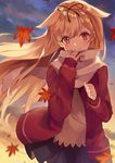  autumn_leaves black_skirt blonde_hair blush cardigan dusk eyebrows_visible_through_hair hair_flaps hair_ornament hair_tie hairclip jacket jpeg_artifacts kantai_collection long_hair long_sleeves looking_at_viewer open_clothes open_jacket outdoors pleated_skirt red_eyes red_jacket remodel_(kantai_collection) scarf shiny shiny_hair shugao skirt sleeves_past_wrists smile solo yuudachi_(kantai_collection) 