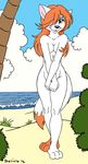  2016 anthro beach breasts canine code_name:_hunter delisle dog female fur hair hair_over_eye half-closed_eyes mammal orange_hair ruby_pyrenees seaside solo white_fur 