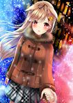  amagami_(makise_tsubaki) bad_id bad_pixiv_id bangs black_ribbon blonde_hair blush brown_coat coat commentary duffel_coat dutch_angle fur-trimmed_coat fur_trim hair_flaps hair_ornament hair_ribbon hairclip highres holding_hands jewelry kantai_collection long_hair looking_at_viewer out_of_frame parted_lips petals plaid plaid_skirt pov pov_hands red_eyes remodel_(kantai_collection) ribbon ring skirt snow solo_focus swept_bangs wedding_band yuudachi_(kantai_collection) 