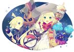  1girl bag blonde_hair braid brother_and_sister coat cosmog dress duffel_bag gen_7_pokemon gladio_(pokemon) green_eyes hair_over_one_eye hat lillie_(pokemon) long_hair open_mouth pokemon pokemon_(creature) pokemon_(game) pokemon_sm scarf short_hair siblings sky star_(sky) starry_sky sun_hat telescope twin_braids type:_null white_dress white_hat yumenouchi_chiharu 