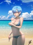 alternate_costume bangs bare_shoulders beach bikini bikini_pull blue_eyes blue_hair blue_sky blurry bokeh breast_rest breasts cleavage cloud collarbone cowboy_shot day depth_of_field eyelashes eyeliner groin hair_ornament hair_over_one_eye halter_top halterneck hand_on_breast hand_on_own_chest hand_up highres horizon index_finger_raised large_breasts legs_together lips lipstick makeup midriff navel nose ocean outdoors peachpa pink_lips pink_lipstick pulled_by_self re:zero_kara_hajimeru_isekai_seikatsu rem_(re:zero) short_hair signature sky smile solo stomach strap_gap string_bikini striped striped_bikini sunlight swimsuit x_hair_ornament 
