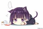  1girl animal_ears bangs blunt_bangs blush bubble cat_ears cat_girl cat_tail chibi commentary extra_ears eyebrows_visible_through_hair hood hood_down hooded_jacket jacket jitome kikko-chan_(myuton) lying myuton no_mouth on_stomach original pocket potion purple_eyes purple_hair shadow simple_background solo spill spoken_ellipsis tail twitter_username white_background 