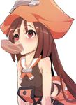  all_fours bare_shoulders blush breasts brown_hair covered_nipples cum cum_in_mouth fellatio guilty_gear hat infraton long_hair may_(guilty_gear) no_bra oral orange_pants penis red_eyes small_breasts solo_focus very_long_hair white_background 