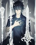  black_hair black_jacket ebira final_fantasy final_fantasy_xv glowing glowing_weapon jacket jewelry looking_at_viewer male_focus noctis_lucis_caelum ring solo spiked_hair upper_body weapon 
