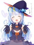  animal_ears blue_hair closed_eyes gloves halloween hat long_hair open_mouth outstretched_hand show_by_rock!! skirt smile solo tousaki_shiina tsukino_(show_by_rock!!) vest witch_hat 