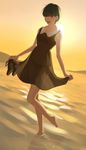  :d ^_^ aconitea barefoot black_hair closed_eyes dutch_angle full_body highres holding holding_shoes open_mouth original peter_pan_collar plantar_flexion see-through shoes short_hair sky smile solo standing standing_on_one_leg sun wading water 