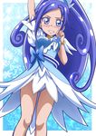  ass blue blue_background blue_bow blue_eyes blue_hair blue_skirt bow bracelet breasts brooch covered_nipples crystal_earrings cure_diamond curly_hair dokidoki!_precure earrings hanzou highres hishikawa_rikka jewelry legs long_hair looking_at_viewer magical_girl open_mouth panties ponytail precure skirt smile snowflakes solo thighs tied_hair underwear 