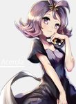  :3 acerola_(pokemon) armlet bad_id bad_pixiv_id blush character_name dress elite_four flipped_hair hair_ornament hairclip highres holding holding_poke_ball poke_ball pokemon pokemon_(game) pokemon_sm purple_hair short_hair short_sleeves simple_background smile solo stitches swav topknot torn_clothes torn_dress ultra_ball 