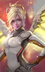  artist_name bad_deviantart_id bad_id blonde_hair blue_eyes blurry blurry_background bodysuit breasts derrick_song embers faulds hand_on_hip high_ponytail lips looking_at_viewer mechanical_wings medium_breasts mercy_(overwatch) nose overwatch parted_lips realistic red_background signature solo spread_wings upper_body wings yellow_wings 