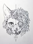  ambiguous_gender black_and_white casynuf cat directional_arrow eyelashes fangs feline feral flower front_view fur headshot_portrait intersection leaves looking_at_viewer mammal monochrome plant portrait rose signature skull slit_pupils solo 