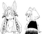  1girl 1other animal_ears bangs blunt_bangs cat_ears chibi crossover dated eye_contact eyebrows_visible_through_hair greyscale horizontal_pupils kuraishi_tanpopo looking_at_another made_in_abyss monochrome nanachi_(made_in_abyss) open_mouth pleated_skirt short_hair short_sleeves signature simple_background skirt sweatdrop triangle_mouth tsukudani_(coke-buta) vest whiskers white_background witch_craft_works 