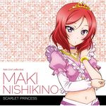  album_cover blush bracelet character_name collar cover crossed_arms earrings english frills hair_ornament highres jewelry looking_at_viewer love_live! love_live!_school_idol_project music_s.t.a.r.t!! navel necklace nishikino_maki purple_eyes red_hair short_hair short_sleeves simple_background solo tiara upper_body 