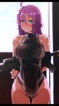  arms_behind_back ass_visible_through_thighs black_swimsuit breasts competition_swimsuit cowboy_shot green_eyes gun large_breasts long_hair mk_18_carbine one-piece_swimsuit original purple_hair solo standing swimsuit thigh_gap turtleneck utako623 weapon 