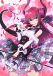  :p bangs bare_shoulders blue_eyes blurry bow breasts commentary_request corset cowboy_shot curled_horns depth_of_field detached_sleeves elizabeth_bathory_(fate) elizabeth_bathory_(fate)_(all) fate/extra fate/extra_ccc fate_(series) finger_to_mouth floral_background flower hair_ribbon highres long_hair looking_at_viewer petals pink_bow pink_flower pink_rose plaid plaid_skirt pointy_ears purple_ribbon red_hair ribbon rose skirt small_breasts solo tail tail_bow tongue tongue_out v-shaped_eyebrows wachiroku_(masakiegawa86) 